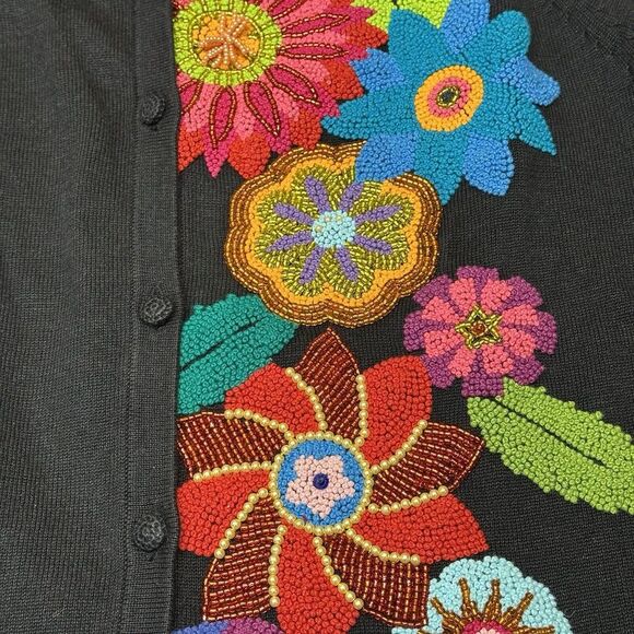Michael Simon Small Beaded Embroidered‎ Floral Flower Sweater Cardigan Black EUC - Picture 2 of 8